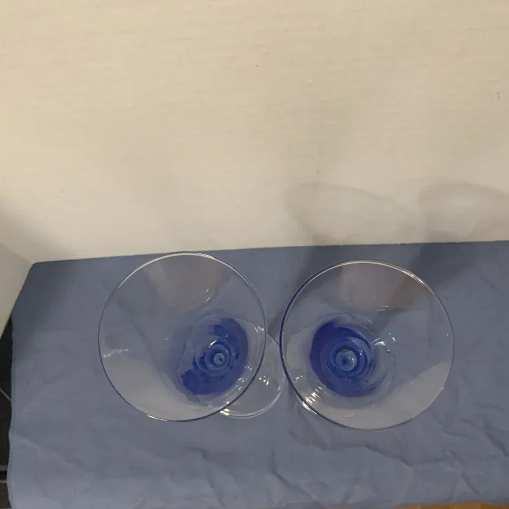 GLASSES - 2 set Crate & Barrel Krosno Champagne flutes Blue Rhapsody hand blown